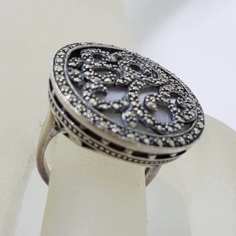 Sterling Silver Very Large Ornate Marcasite over Mother of Pearl Round Ring