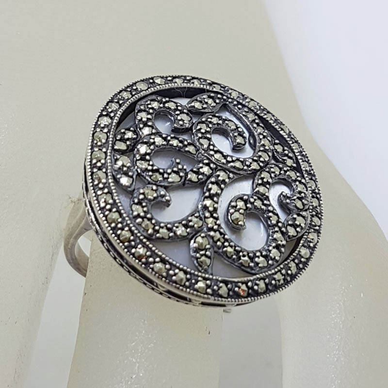 Sterling Silver Very Large Ornate Marcasite over Mother of Pearl Round Ring