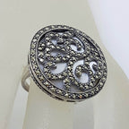 Sterling Silver Very Large Ornate Marcasite over Mother of Pearl Round Ring