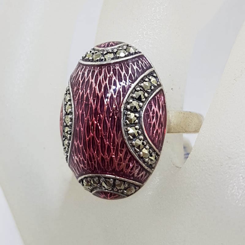 Sterling Silver Marcasite and Pink Enamel Oval Ring