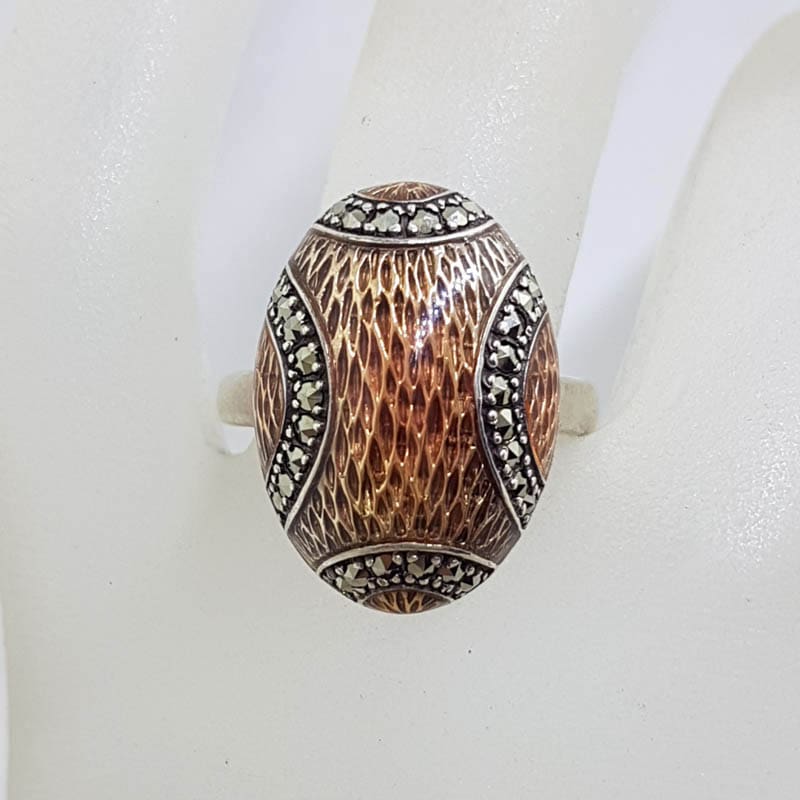 Sterling Silver Marcasite and Orange Enamel Oval Ring