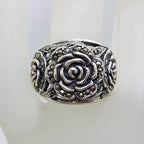 Sterling Silver Marcasite Wide Heavy Rose Flower Band Ring