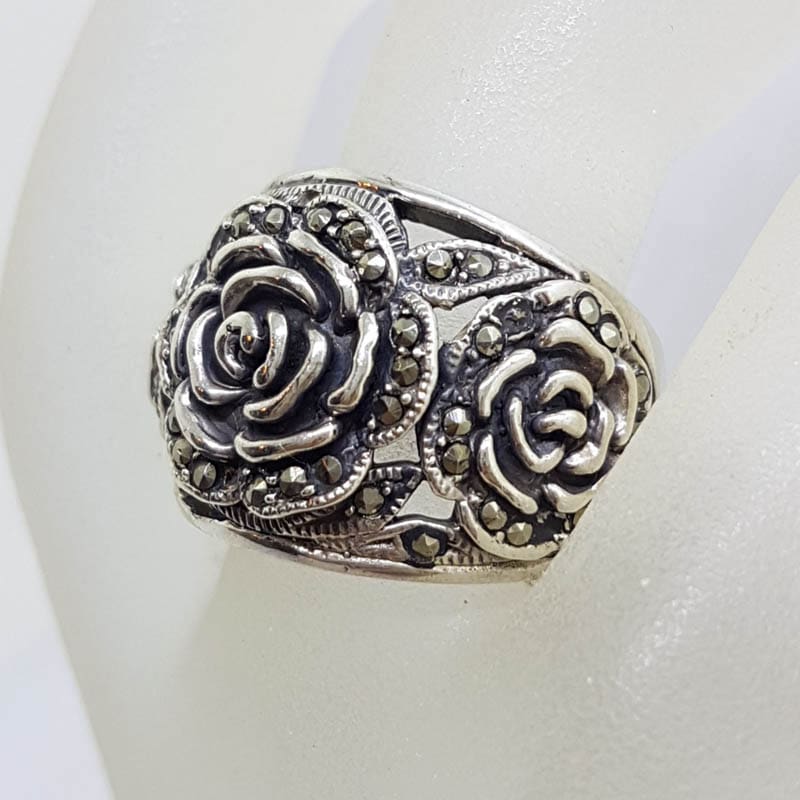 Sterling Silver Marcasite Wide Heavy Rose Flower Band Ring