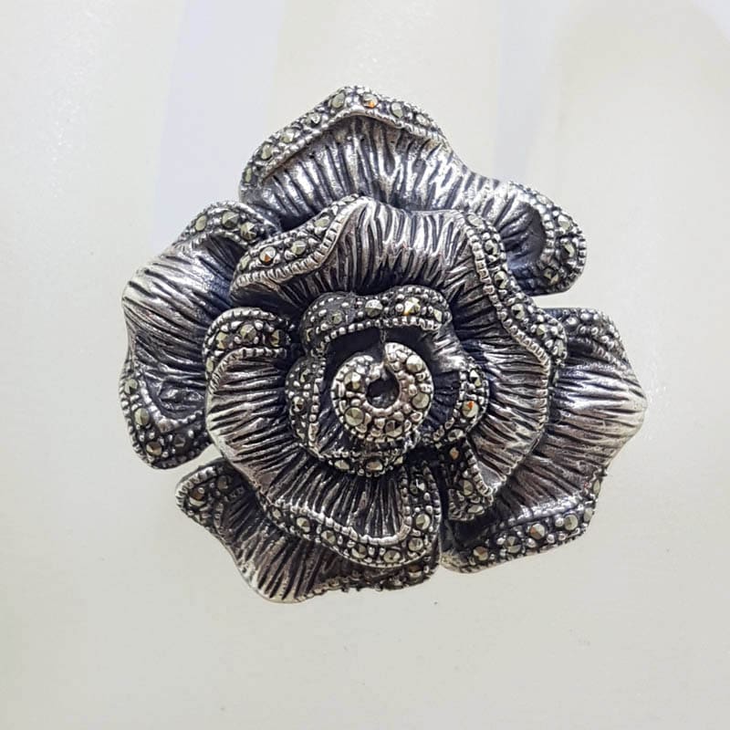 Sterling Silver Marcasite Large Rose Flower Ring