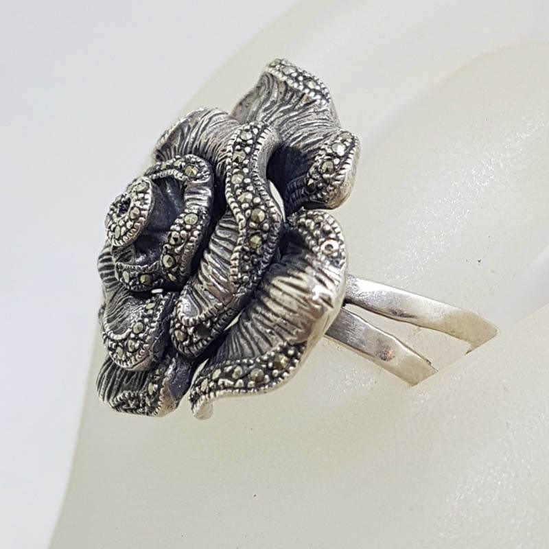 Sterling Silver Marcasite Large Rose Flower Ring