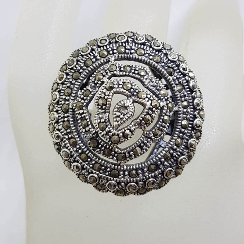 Sterling Silver Marcasite Large Rose Flower in Round Circle Ring