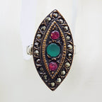 Sterling Silver Red with Green and Marcasite Canoe / Marquis Shape Ring