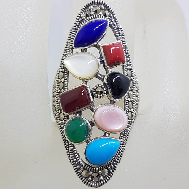 Sterling Silver Large Multi-Colour Gemstone Elongated Oval Marcasite Ring