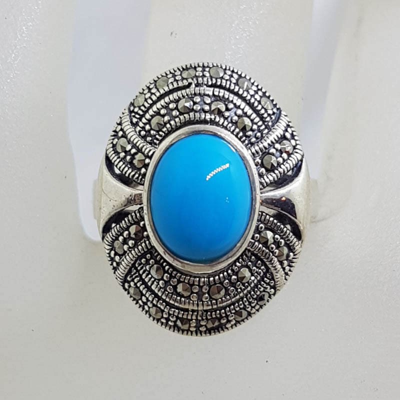Sterling Silver Marcasite Blue Recon. Turquoise Large Oval Ring