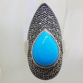 Sterling Silver Marcasite Long Teardrop / Pear Shape Blue Recon. Turquoise Ring