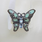 Sterling Silver Marcasite Blue Enamel and Topaz Butterfly Ring