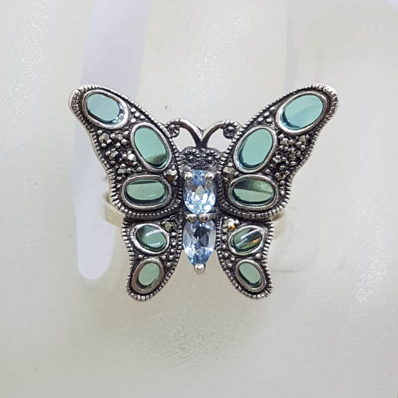 Sterling Silver Marcasite Blue Enamel and Topaz Butterfly Ring