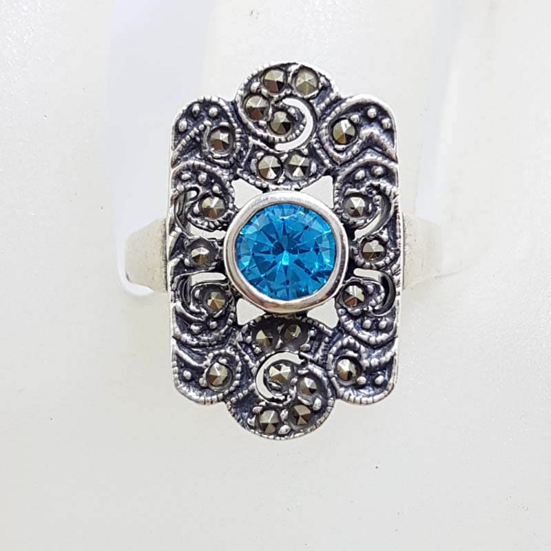 Sterling Silver Marcasite Ornate Blue Topaz Ring
