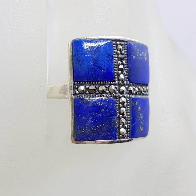 Sterling Silver Marcasite Lapis Lazuli Square Cross Ring