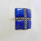 Sterling Silver Marcasite Lapis Lazuli Square Cross Ring