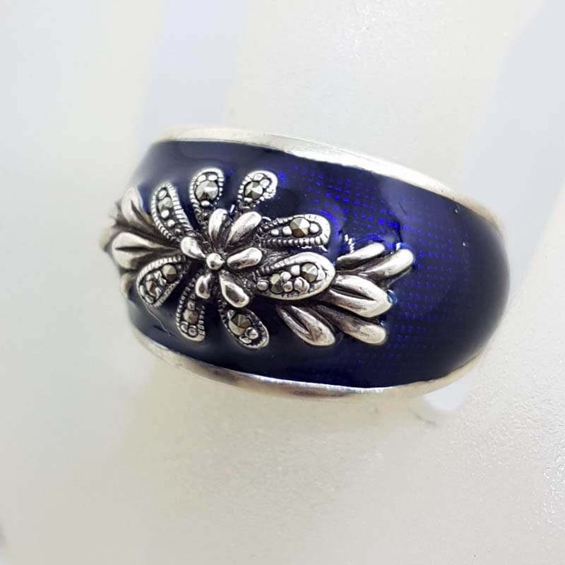 Sterling Silver Marcasite Wide Ornate Royal Navy Blue Enamel Ring