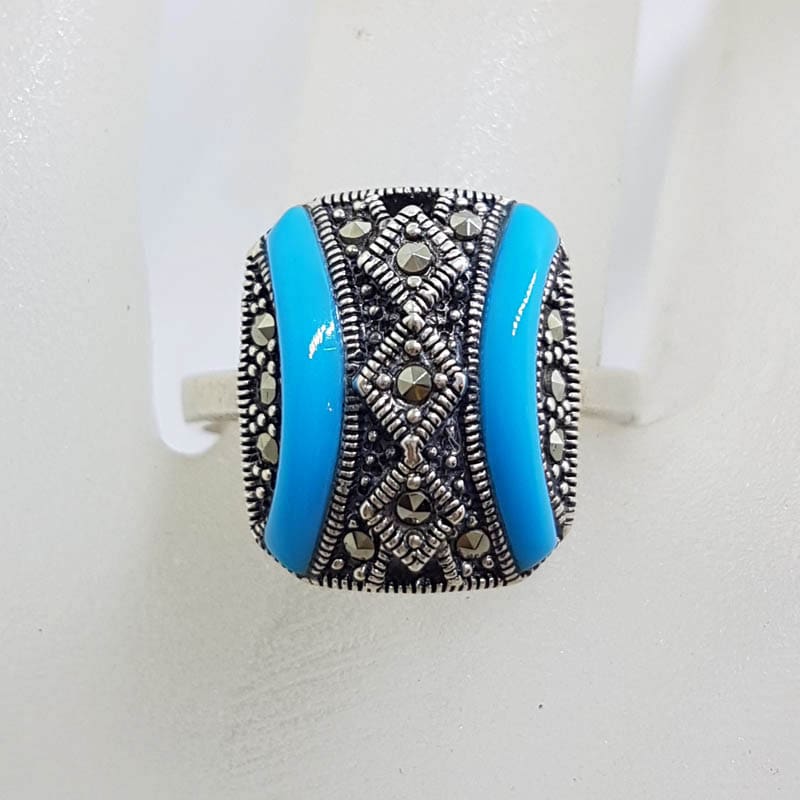 Sterling Silver Marcasite Blue Recon. Turquoise Rectangular Ring - Art Deco Style