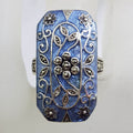 Sterling Silver Marcasite Long Rectangular Ornate Purple Enamel Floral Design Ring
