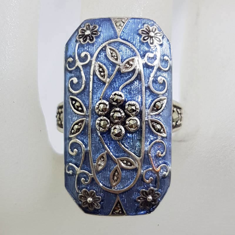 Sterling Silver Marcasite Long Rectangular Ornate Purple Enamel Floral Design Ring