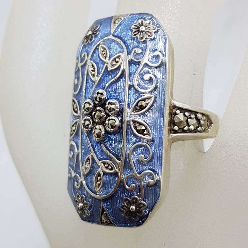 Sterling Silver Marcasite Long Rectangular Ornate Purple Enamel Floral Design Ring