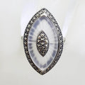 Sterling Silver Marcasite Long White Quartz Marquis Shape Ring