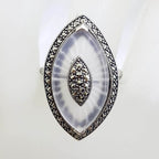 Sterling Silver Marcasite Long White Quartz Marquis Shape Ring