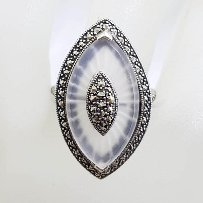 Sterling Silver Marcasite Long White Quartz Marquis Shape Ring