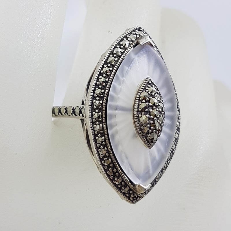 Sterling Silver Marcasite Long White Quartz Marquis Shape Ring