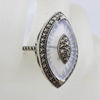 Sterling Silver Marcasite Long White Quartz Marquis Shape Ring