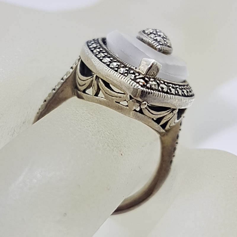 Sterling Silver Marcasite Long White Quartz Marquis Shape Ring