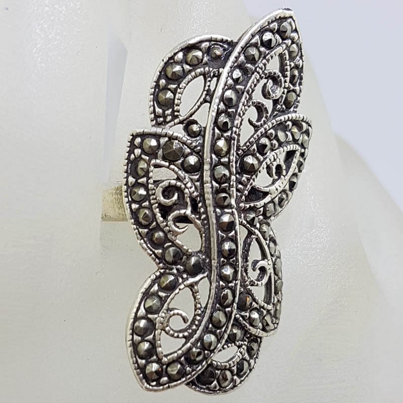 Sterling Silver Very Large Ornate Open Design Marcasite Stylised Butterfly Ring