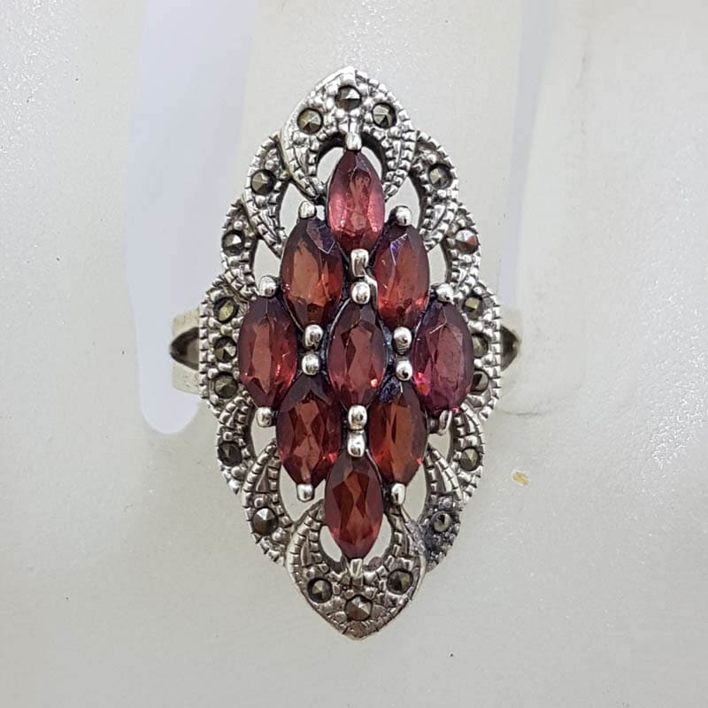 Sterling Silver Marcasite and Garnet Marquis Shape Cluster Ring