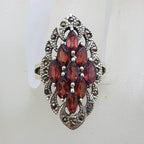 Sterling Silver Marcasite and Garnet Marquis Shape Cluster Ring