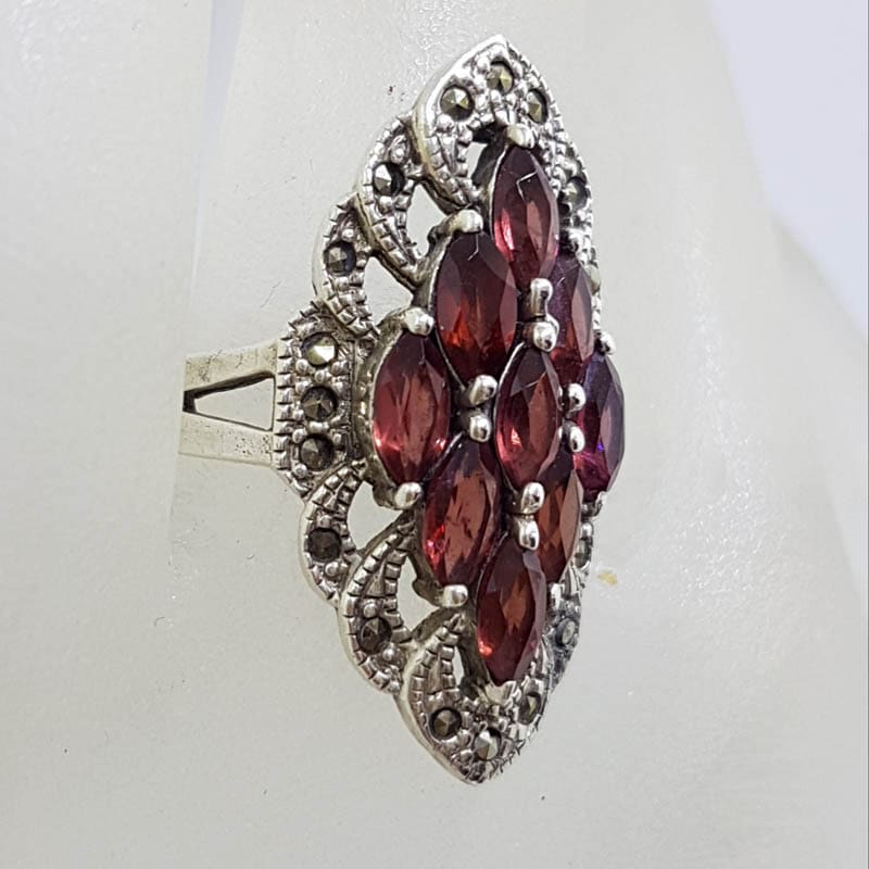 Sterling Silver Marcasite and Garnet Marquis Shape Cluster Ring