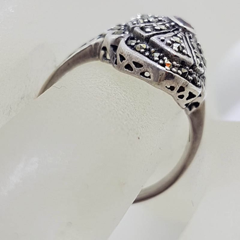 Sterling Silver Marcasite and Garnet Marquis Shape Cluster Ring