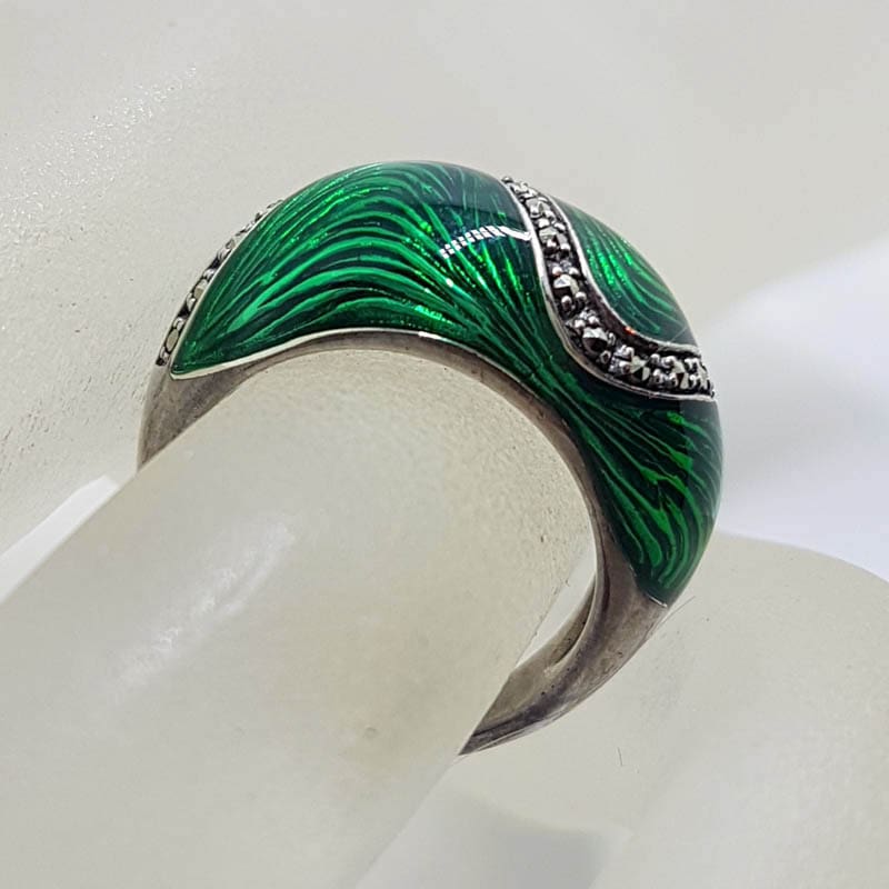 Sterling Silver Marcasite Wide Vibrant Green Enamel Ring