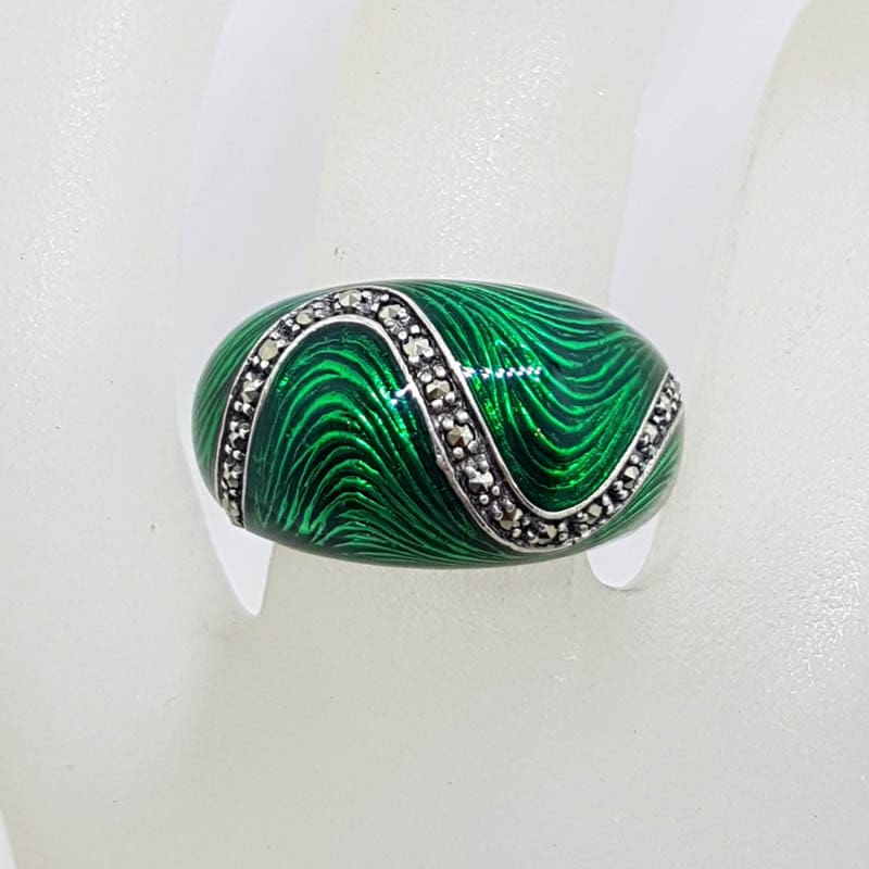 Sterling Silver Marcasite Wide Vibrant Green Enamel Ring