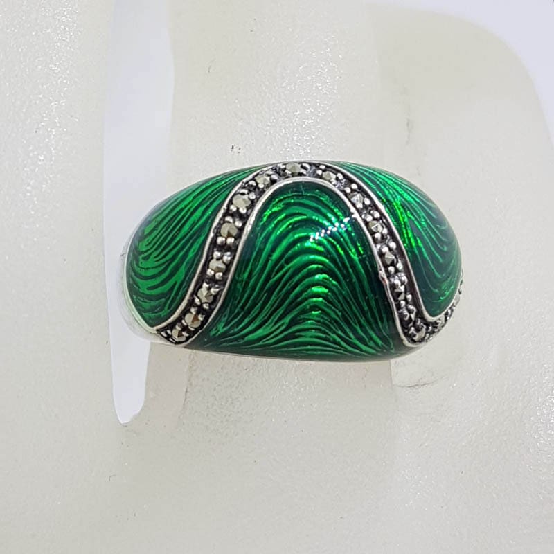 Sterling Silver Marcasite Wide Vibrant Green Enamel Ring