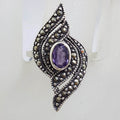 Sterling Silver Oval Amethyst with Marcasite Twist Design Ring
