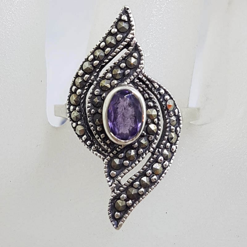 Sterling Silver Oval Amethyst with Marcasite Twist Design Ring