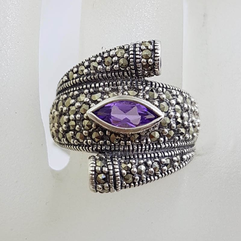 Sterling Silver Chunky 1 Marquis 2 Round Amethyst with Marcasite Ring