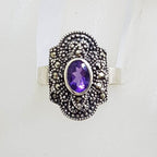 Sterling Silver Marcasite &amp; Oval Amethyst in Elongated Cluster Ring