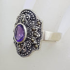 Sterling Silver Marcasite &amp; Oval Amethyst in Elongated Cluster Ring