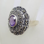 Sterling Silver Oval Amethyst and Marcasite Cluster Ring