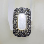 Sterling Silver Marcasite and Mother of Pearl Large Rectangular Art Deco Style Ring