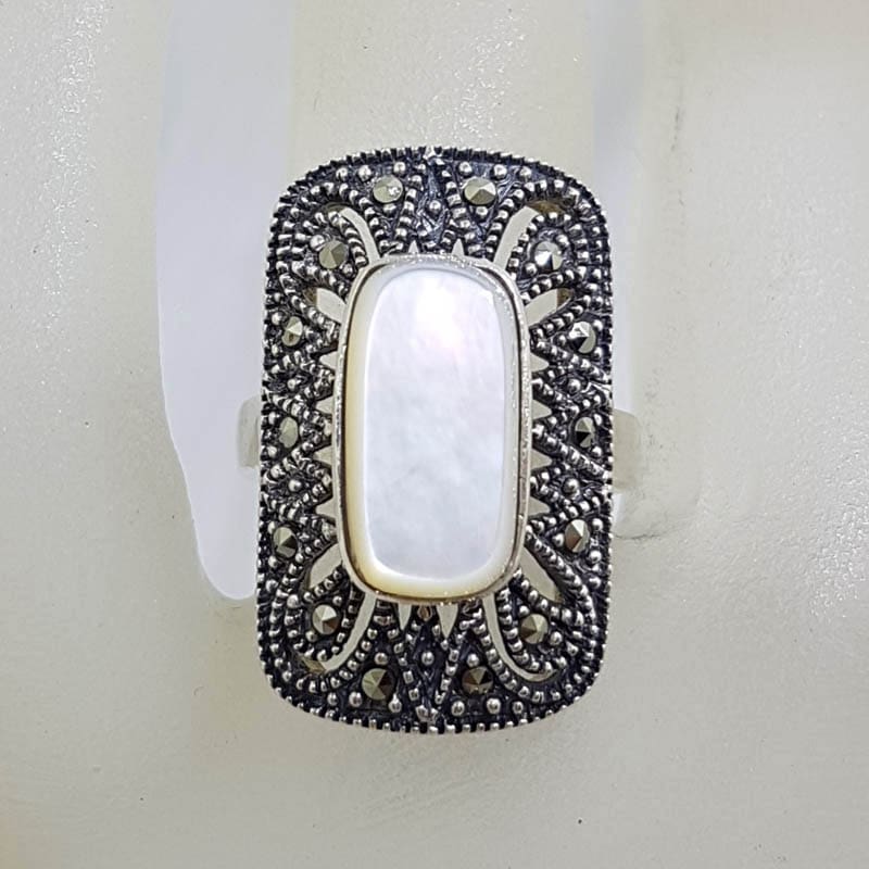 Sterling Silver Marcasite and Mother of Pearl Large Rectangular Art Deco Style Ring