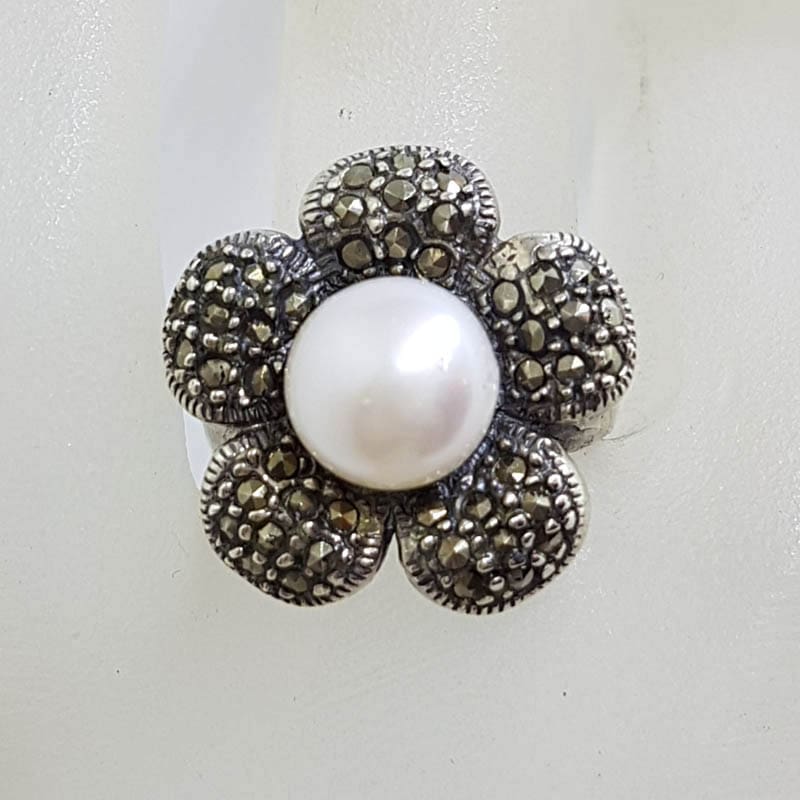 Sterling Silver Marcasite and Pearl Flower Ring