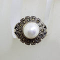 Sterling Silver Marcasite and Faux Pearl in Round Shape Flower Ring