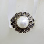 Sterling Silver Marcasite and Faux Pearl in Round Shape Flower Ring