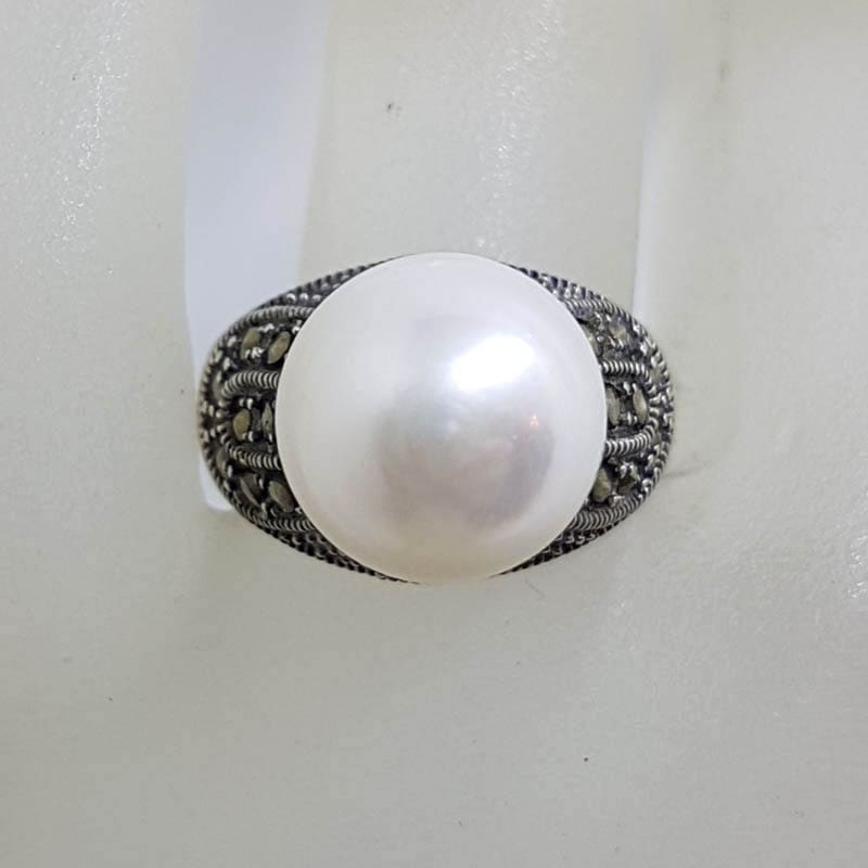 Sterling Silver Marcasite and Pearl High Set Ring